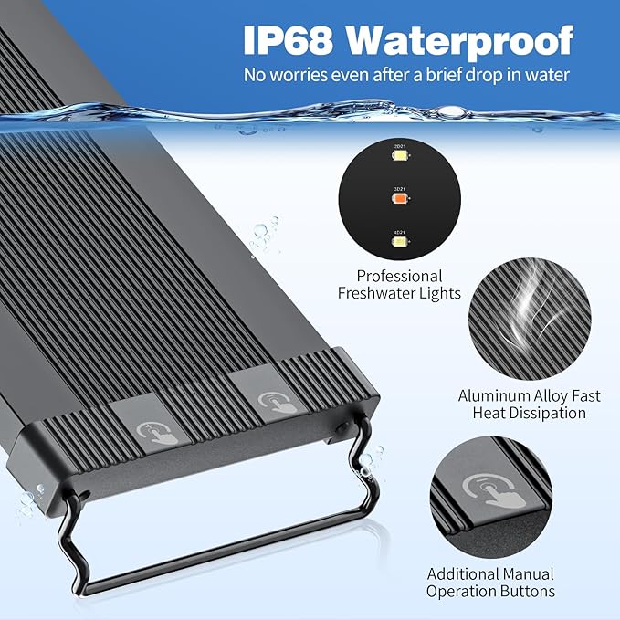 Bluetooth LED Aquarium Light with APP Control, 3 Modes for 12-18 Inch Fish Tank Light with Full Spectrum White Blue Red Green Lights, IP68 Waterproof with Extendable Brackets for Freshwater