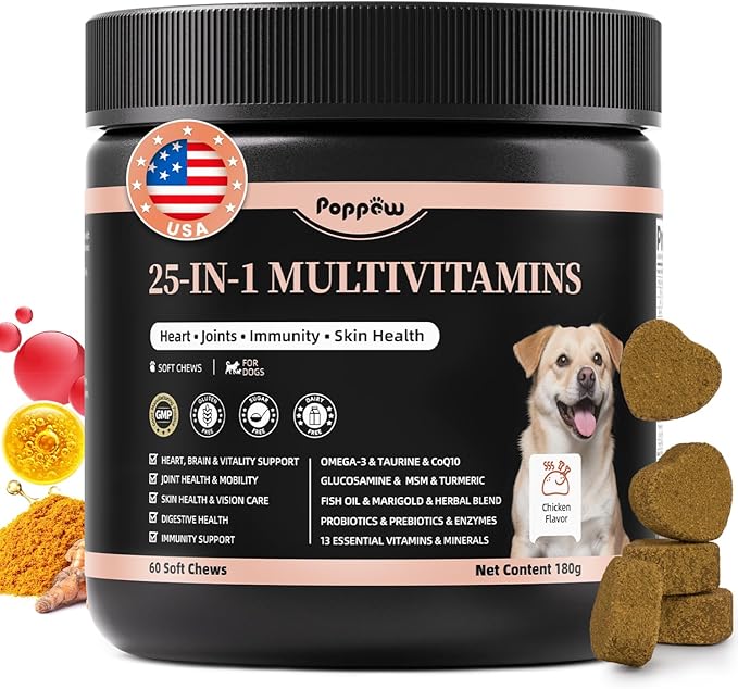 25-in-1 Dog Multivitamin Chews – All-in-One Daily Vitamins & Supplements for Dogs, Joint Support with Glucosamine MSM, Omega-3 Skin & Coat, Gut, Heart & Brain, All Breeds & Ages, Chicken, 60 Ct