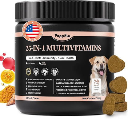 25-in-1 Dog Multivitamin Chews – All-in-One Daily Vitamins & Supplements for Dogs, Joint Support with Glucosamine MSM, Omega-3 Skin & Coat, Gut, Heart & Brain, All Breeds & Ages, Chicken, 60 Ct