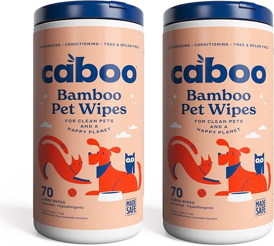 Caboo Tree Free Pet Wipes for Dogs & Cats, Natural, Deodorizing, Hypoallergenic Cleaning Wipes for Eyes, Ears, Paws, & Face (Unscented, 2 Canisters, Total of 140 Jumbo Wipe)