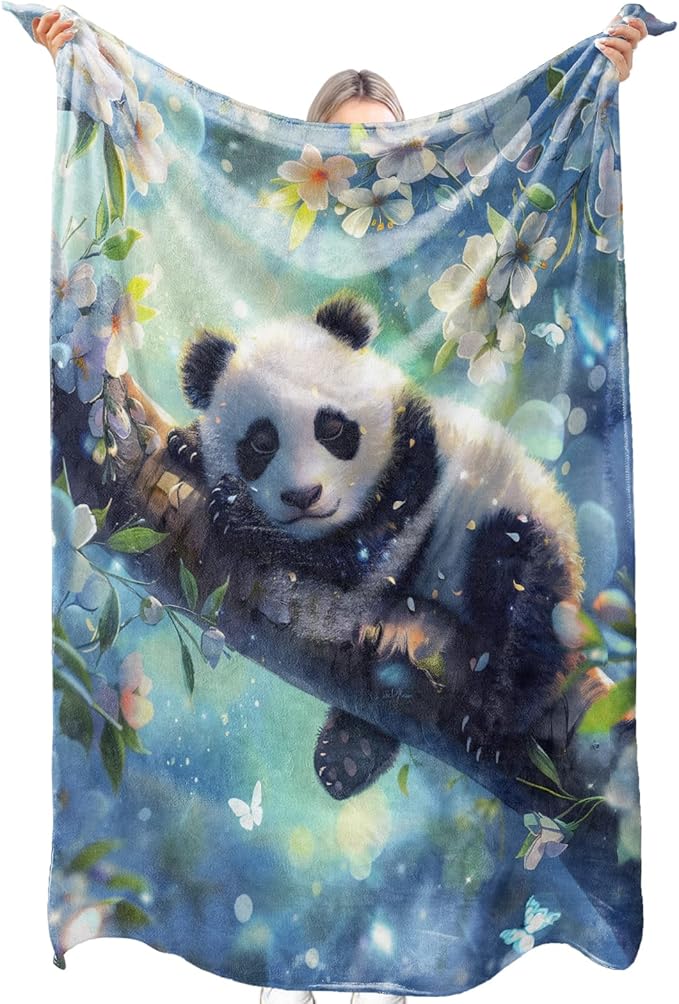 Dreamy Panda Flannel Blanket Cute Sleeping Animal Blossom Butterfly Throw Blankets Lightweight Soft for Party Chair Bed Sofa Camping Travel,Home Farm Decor,Gifts Kids,50x40in