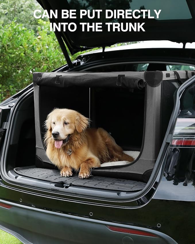 42-Inch Collapsible Travel Dog Crate, Portable 4-Door Soft Kennel for Medium to Large Dogs, Chew-Proof Mesh Windows, Indoor/Outdoor Use, Foldable, with Storage Bag (Grey)