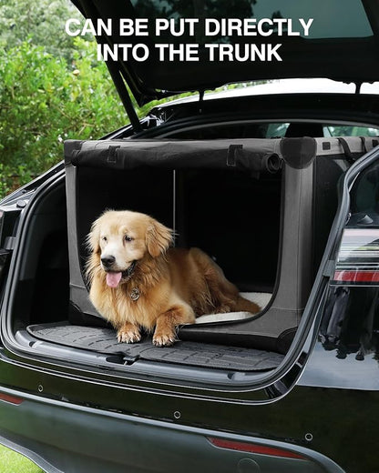 30-Inch Collapsible Travel Dog Crate, Portable 4-Door Soft Kennel for Medium to Large Dogs, Chew-Proof Mesh Windows, Indoor/Outdoor Use, Foldable, with Storage Bag (Grey)