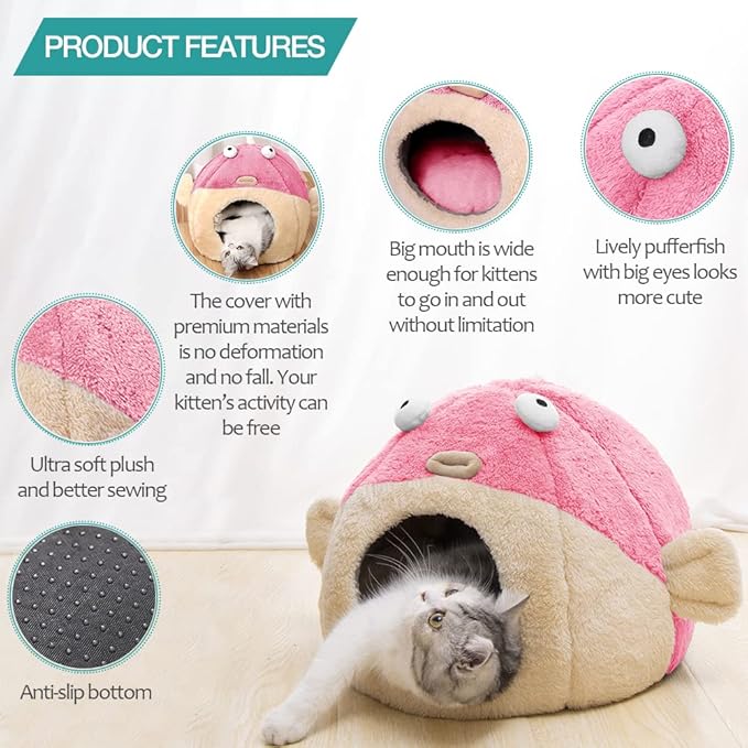 Cat Beds for Indoor Cats - Cat Bed Cave with Removable Washable Cushioned Pillow, Soft Plush Premium Cotton No Deformation Pet Bed, Lively Pufferfish cat House Design, Pink, Multiple Sizes