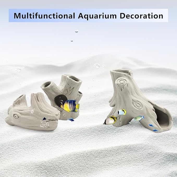 Aquarium Decorations Ceramic Artificial Stump Cave,Betta Fish Tank Accessories Hollow Tree Stump Decor 3-Piece Set