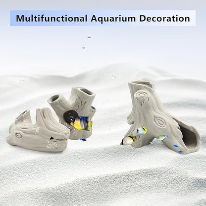 Aquarium Decorations Ceramic Artificial Stump Cave,Betta Fish Tank Accessories Hollow Tree Stump Decor 3-Piece Set
