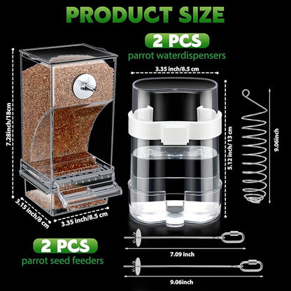 7 Pcs No Mess Bird Feeders Set Automatic Clear Parrot Feeder and Watered Dispenser Cage Accessories Stainless Steel Parrot Fruit Vegetable Skewer Foraging for Lovebirds Budgies Canary Finch