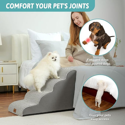 Dog Stairs for Small Dogs 19.7" H, Pet Step with Leakproof Cover, High Density Foam Cat Ramp for Bed, Couch or Sofa, Lightweight, Durable, Comfort, 15.7x28.3x19.7 inch, 4 Tiers, White Black