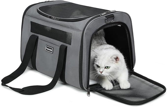 Cat Travel Carrier - Foldable Dog Carrier Bag, Soft Sided cat Carrier up to 20 Lbs,Pet Carrier Soft-Sided Escape Proof with 4 Ventilated Windows, Airline Approved Travel Puppy Carrier (Grey)