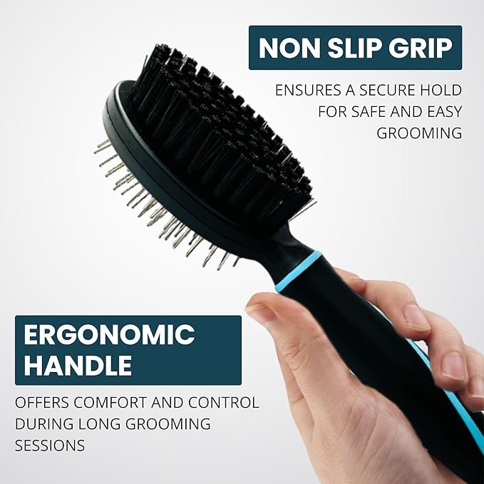 Premium Double-Sided Pin & Bristle Dog Brush (Small Size, Black) with Ergonomic Grip | Detangling, Shedding & Undercoat Rake for Short & Long Hair Dogs & Cats | Cat Grooming Brush