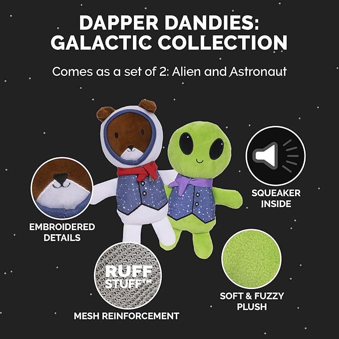 Furhaven 2-Pack Squeaky Plush Dog Toys for Small/Medium Dogs, Washable w/ Ruff Stuff Reinforcement - Dapper Dandies Galactic Collection - Alien/Astronaut, Set of 2