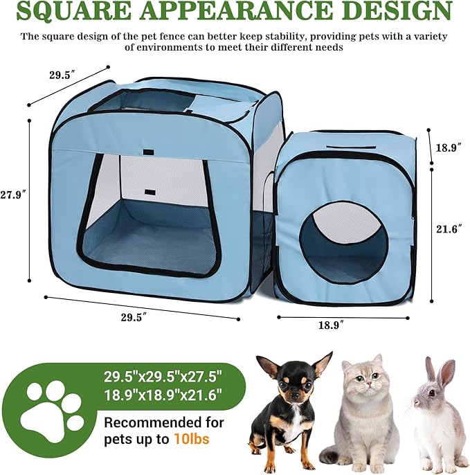 Royizen Puppy Cat Tent Playpen Foldable Waterproof Dog Crate Kennel Indoor Outdoor Portable Playpen Kitten and Small Pets Pop Up Kennel Cat Travel Carrier with Litter Box Enclosure, Light Blue