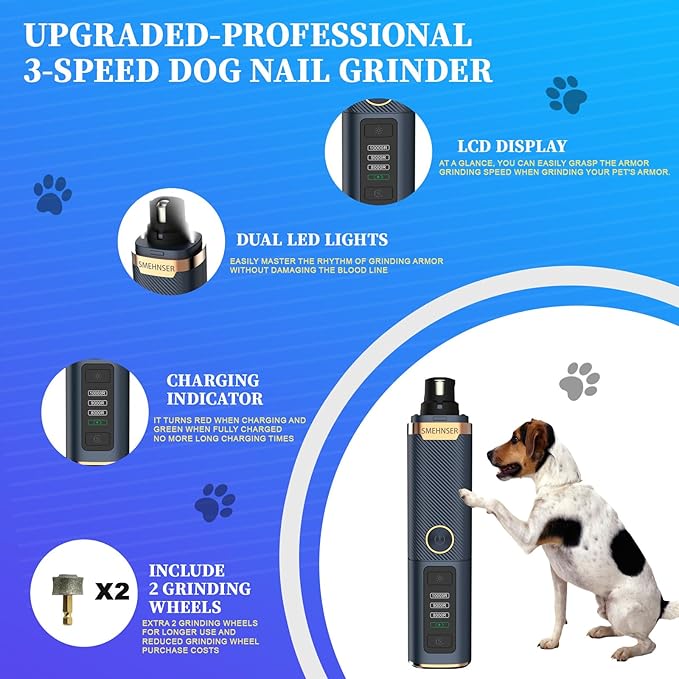 Dog Nail Grinder Upgraded-Professional 3-Speed Dog Nail Trimmers Electric with Super Quiet & Low Vibration, 2 LED Lights, 2 Grinding Wheels, Rechargeable Nail Clippers for Small to Large Pets