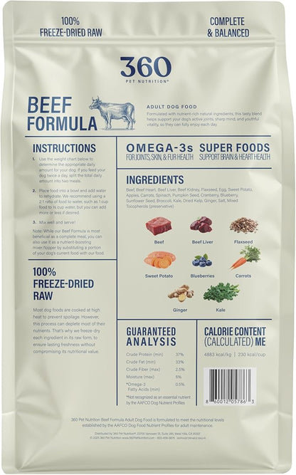360 Pet Nutrition Freeze-Dried Raw Dog Food – Beef Recipe with Liver & Organs, High Protein with Omega-3s, Fruits, Veggies & Superfoods, Grain-Free, No Fillers, 3 lb – Made in USA