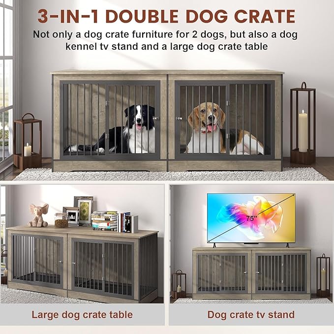 75 Inch Double Dog Crate Furniture, 3 in 1 Dog Cage for Large Dogs, Durable Grey TV Stand Dog Crate with Trays and Divider, Double Dog Kennel for 2 Dogs