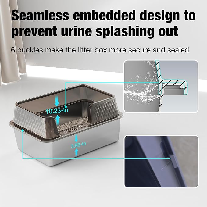 Suhaco Stainless Steel Litter Box Side Entry, Kitty Black Litter Mat and White Scoop Included Covered Metal High Sided Large Cat Litter Box with Lid Removable Enclosure for Medium Cats (Black)