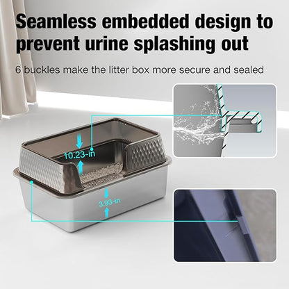 Suhaco Stainless Steel Litter Box Side Entry, Kitty Litter Mat and White Scoop Included Covered Metal High Sided Extra Large Cat Litter Box with Lid Removable Enclosure for Medium Cats (Tall Black)