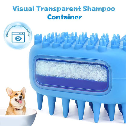 2 in 1 Dog Bath Brush, Soft Silicone Grooming Brush with Handle Shampoo Dispenser Shower Brush for Short Long Hair Dogs Cats Washing Massaging (Blue)