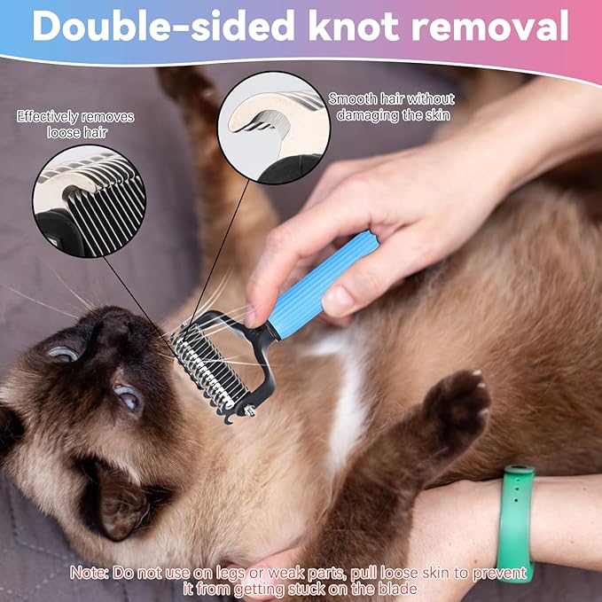 2PCS Pet Safe Dematting Comb for Dogs - Double Sided Dematting,Upgraded Pet Safe Dematting Comb for Dogs Cats, Deshedding Dog Brush Cat Dematting Tool,Dog Hair Mat Remover(Blue-Large + Pink-Small)