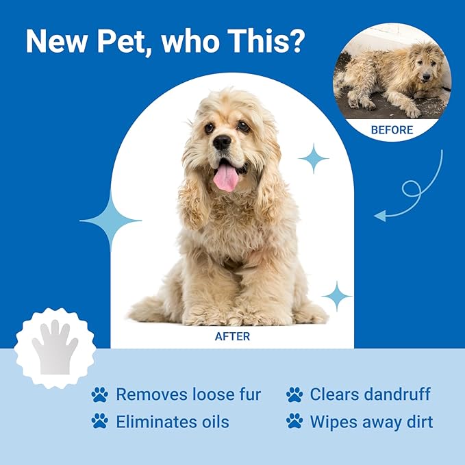 Pet Grooming Glove Wipes, Dog and Cat Cleaning Wipes for Fur, Paws, Butt, Puppy and Dog wet wipes, Hypoallergenic Deodorizing with Natural Sunshine Oat Extract, On-the-Go Freshness, Fast clean