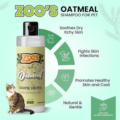 Zoo’s Pet Oatmeal Dog Shampoo for Cats and Pets Fast Absorbing Moisturize Skin Provides Relief to Dry, Itchy Skin While Softening Your Pet’s Coat - 1x Dog and Cat Shampoo (500ml / 16.9oz)