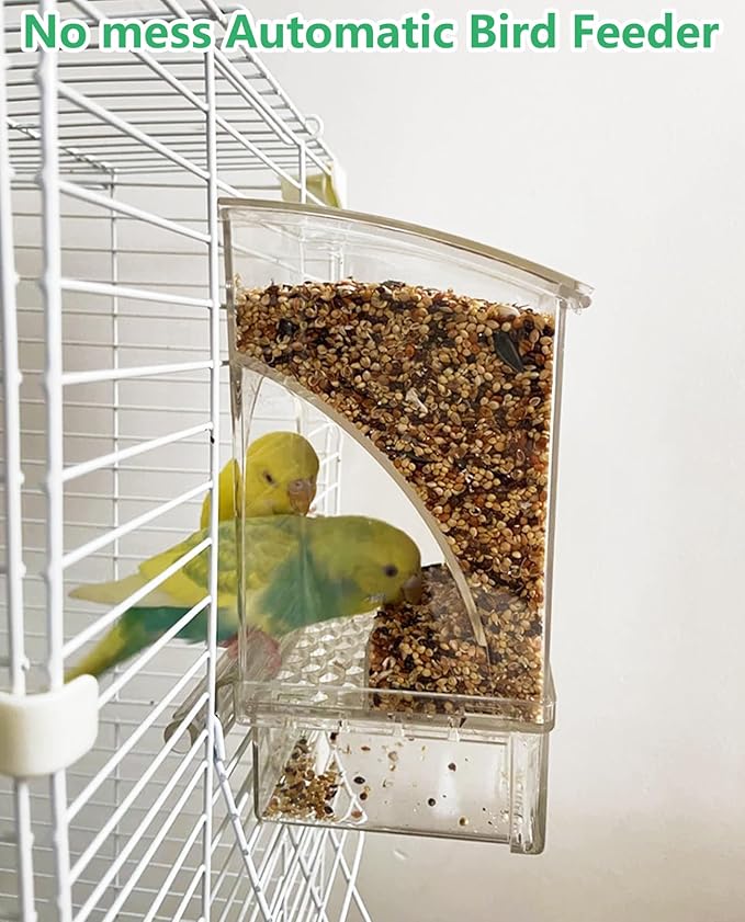 Hamiledyi No Mess Bird Feeder Automatic Transparent Acrylic Parrot Seed Food Container with Perch Bird Cage Accessories for Parakeet Finch Lovebirds Budgies Canary