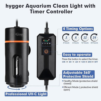 hygger Aquarium U-V Light with Timer, 360° Protective Shield Clean Light for Green Water and Algae Clean, Mini Algae Control Lamp for Freshwater and Saltwater Tank (3W for 5-25 Gallon)