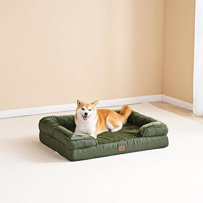 EHEYCIGA Orthopedic Dog Beds for Large Dogs, Waterproof Memory Foam Large Dog Bed with Sides, Non-Slip Bottom and Egg-Crate Foam Large Dog Couch Bed with Washable Removable Cover, Dark Green