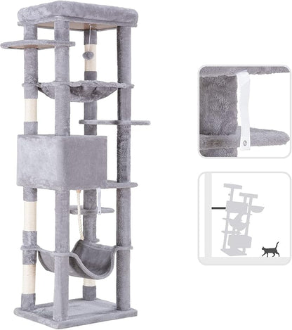 Heybly Cat Tree for Large Cats 20 lbs Heavy Duty,69 inches XXL Cat Tower for Indoor Cats,Multi-Level Furniture Condo with Big Padded Plush Perch,Cozy Basket HCT031W
