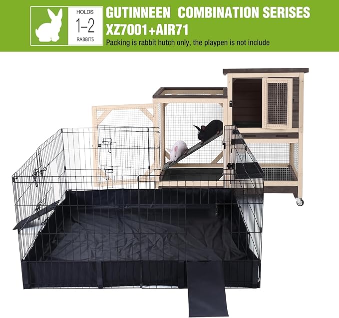 GUTINNEEN Rabbit Hutch Indoor 2 Story with 3 Doors, Outdoor Bunny Cage with Movable Wheels and Easy Clean Trays for Guinea Pig Cage 40.6" L
