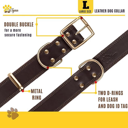 ADITYNA Heavy Duty Leather Dog Collar - Soft and Strong Leather Dog Collar for All Dog Breeds (Large: Fit 17" - 23" Neck, Brown - Gold Colored Buckle)