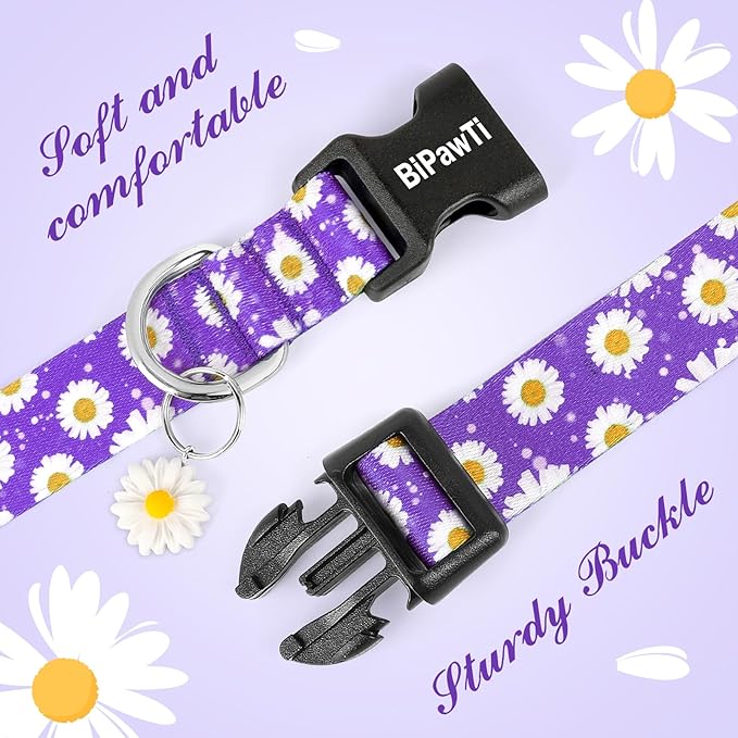 BiPawTi Floral Dog Collars for Large Dog - Soft Cute Dog Collars for Girls Dog Pretty Flower Collar with Daisies Charms, Gift for Female Male Boys Girls Dogs (XL, Purple)