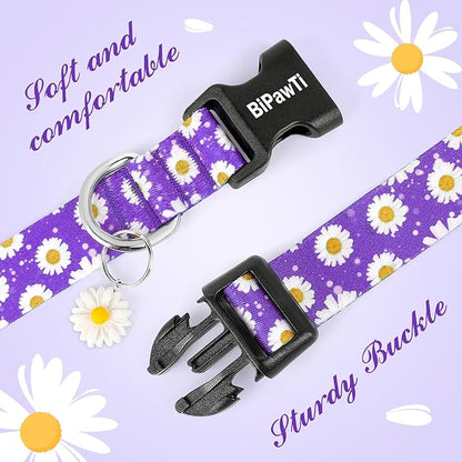 BiPawTi Floral Dog Collars for Large Dog - Soft Cute Dog Collars for Girls Dog Pretty Flower Collar with Daisies Charms, Gift for Female Male Boys Girls Dogs (XL, Purple)