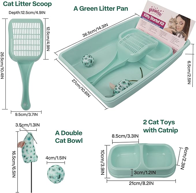 PAWISE Small Cat Litter Box, Kitten Litter Box Starter Kit, Low Entry Baby Kitten Training Litter Box with Scoop, Bowls,Cat Mouse Toy and Cat Ball Toy,First Catty Owner Essentials (Green)