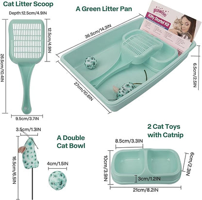 PAWISE Small Cat Litter Box, Kitten Litter Box Starter Kit, Low Entry Baby Kitten Training Litter Box with Scoop, Bowls,Cat Mouse Toy and Cat Ball Toy,First Catty Owner Essentials (Green)