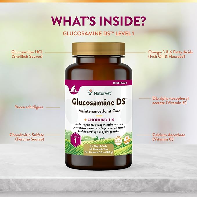 NaturVet Glucosamine DS Level 1 Maintenance Care Hip & Joint Support Pet Supplement for Dogs & Cats _lucosamine, Chondroitin, Antioxidants _upports Cartilage, Joint Function  60 Ct.