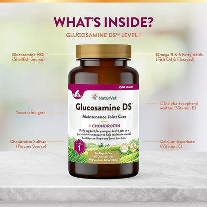 NaturVet Glucosamine DS Level 1 Maintenance Care Hip & Joint Support Pet Supplement for Dogs & Cats _lucosamine, Chondroitin, Antioxidants _upports Cartilage, Joint Function  60 Ct.