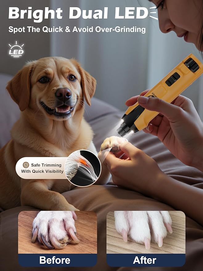 Casfuy 6-Speed Dog Nail Grinder  50%+ Boost Power Dog Nail Trimmers Quiet with Dust Cap & 2 LED Lights & 2000mAh Battery & 4.8V Motor Electric Pet Toenail File Tool for Large Medium Small Dogs Cats