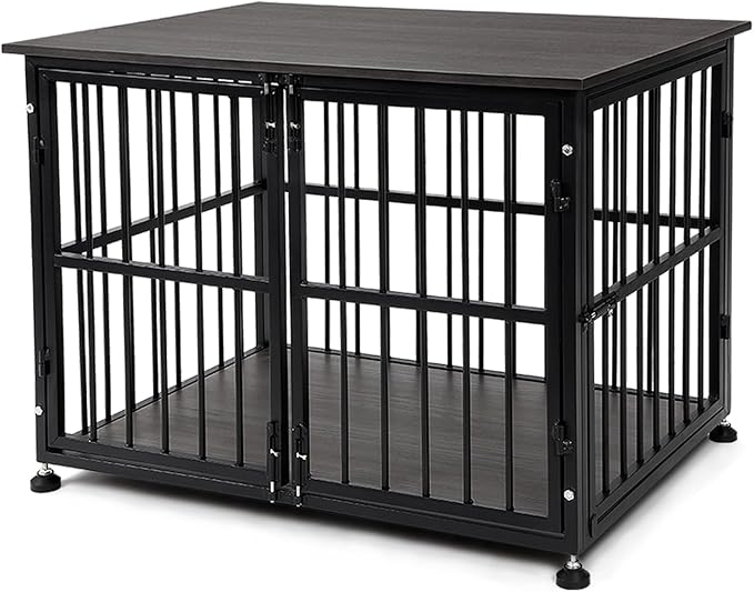 32 Inch Dog Crate Furniture, Heavy Duty Dog Kennel with Side Door, Decorative Pet House End Table, Wooden Cage Kennel Furniture Indoor, Grey