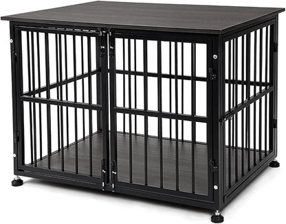 32 Inch Dog Crate Furniture, Heavy Duty Dog Kennel with Side Door, Decorative Pet House End Table, Wooden Cage Kennel Furniture Indoor, Grey