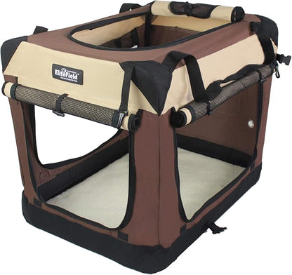 EliteField 4-Door Folding Soft Dog Crate with Curtains, Carrying Bag and Fleece Bed (2 Year Warranty), Indoor & Outdoor Pet Home (42" L x 28" W x 32" H, Brown+Beige)