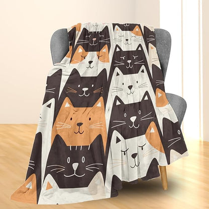 Cartoon Cat Flannel Throw Blanket, Soft Cozy Lightweight Animal Blankets for Couch, Bed, Travel, Outdoor & Decor, Warm Fluffy Fuzzy Blanket for Adults Kids 80×60 in
