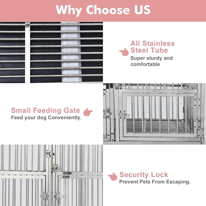 48" Heavy Duty Dog Crate Cage Kennel with Wheels, Full Stainless Steel High Anxiety Indestructible Dog Crate, Sturdy Locks Design, Double Door Small Door Design & Removable Tray Design (Silver)