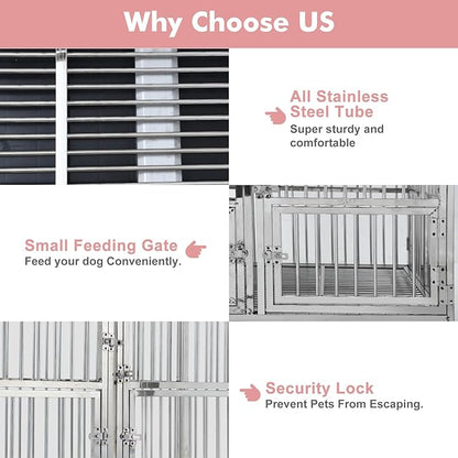 48" Heavy Duty Dog Crate Cage Kennel with Wheels, Full Stainless Steel High Anxiety Indestructible Dog Crate, Sturdy Locks Design, Double Door Small Door Design & Removable Tray Design (Silver)