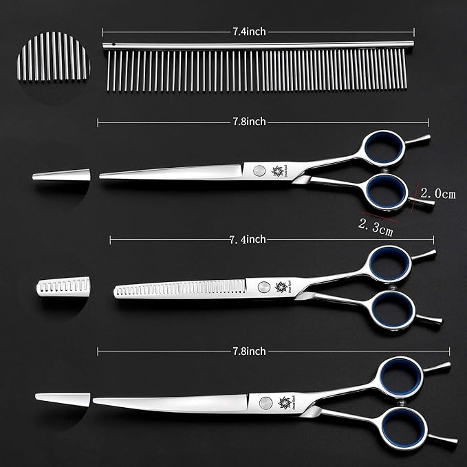 Dream Reach Dog Grooming Scissors - 7'' Professional Pet Cat Hair Scissors Set - Best Cutting & Curved & Thinning Shear Scissors & Grooming Comb Kit for Small Large Dogs Cats Pets