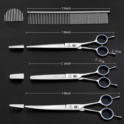 Dream Reach Dog Grooming Scissors - 7'' Professional Pet Cat Hair Scissors Set - Best Cutting & Curved & Thinning Shear Scissors & Grooming Comb Kit for Small Large Dogs Cats Pets