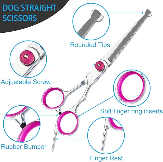 5 in 1 Premium Dog Grooming Scissors, Professional Dog Scissors for Grooming with Safety Round Tips, Lengnoyp Stainless Steel Thinning Shears, Dog Pet Cat Shears for Grooming Kit, Pink