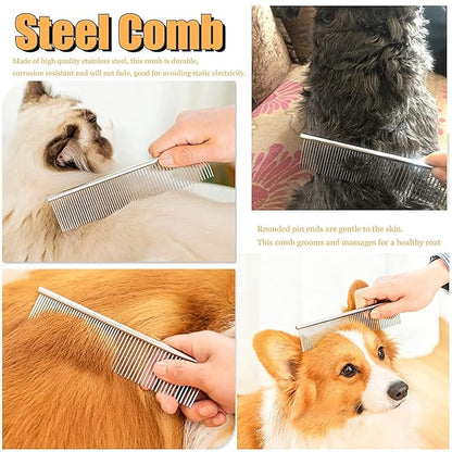 Dog Rake for Undercoat, Pet Grooming Set Long-Tooth Metal Brush & Stainless Steel Shedding Comb for Big Dogs Long-Haired Cats Horse