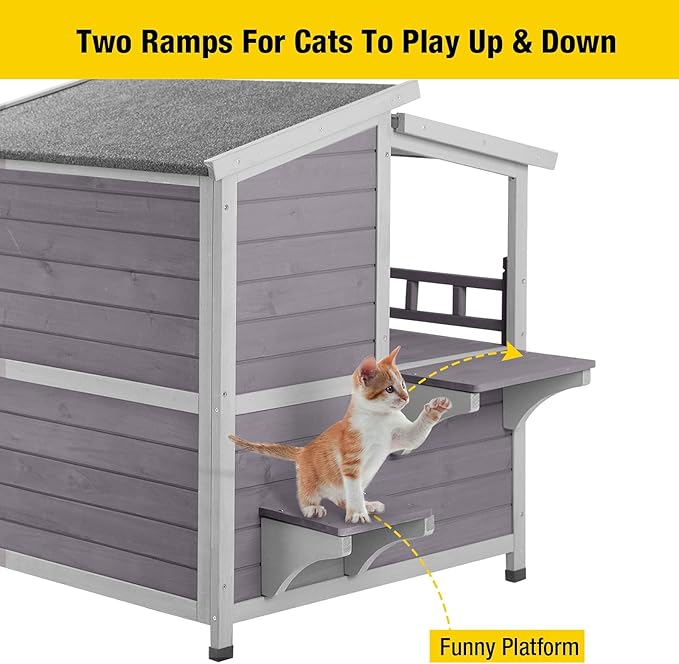 Aivituvin Outdoor Feral Cat House Wooden Kitty Shelter with Large Balcony,Escape Door,Waterproof
