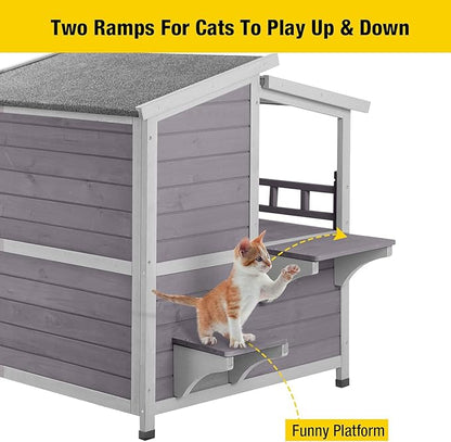 Aivituvin Outdoor Feral Cat House Wooden Kitty Shelter with Large Balcony,Escape Door,Waterproof